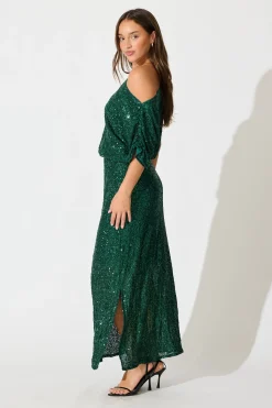 Discount Amiri Off Shoulder Maxi Dress in Emerald Sequin Dresses|Party