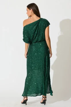 Discount Amiri Off Shoulder Maxi Dress in Emerald Sequin Dresses|Party