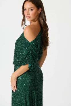 Discount Amiri Off Shoulder Maxi Dress in Emerald Sequin Dresses|Party