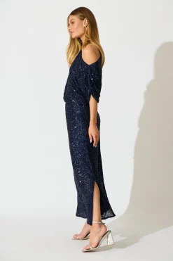Sale Amiri Off Shoulder Maxi Dress in Navy Sequin Dresses|Party