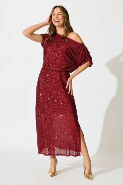Hot Amiri Off Shoulder Maxi Dress in Wine Sequin Dresses|Party