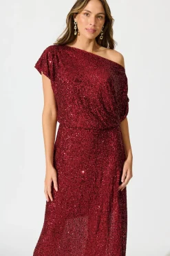 Hot Amiri Off Shoulder Maxi Dress in Wine Sequin Dresses|Party
