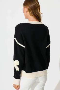 Fashion Amory Knit in Black with Cream Bows Wool Blend Knitwear|Knitwear