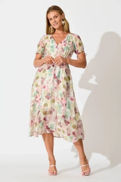 Sale Anabelle Midi Dress in Sage with Blush Watercolour Dresses|Casual