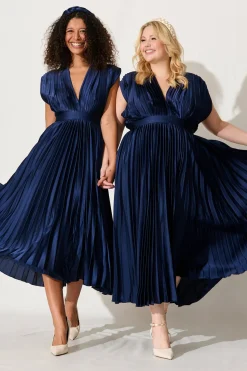 Outlet Anetta Midi Dress In Pleated Navy Satin Dresses|Formal