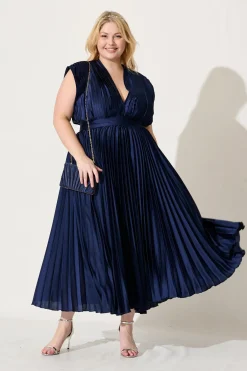Outlet Anetta Midi Dress In Pleated Navy Satin Dresses|Formal
