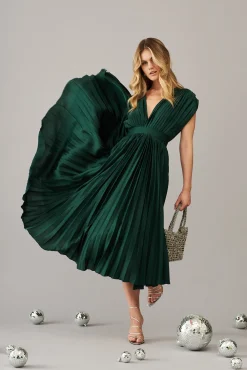 Clearance Anetta Midi Dress In Pleated Emerald Satin Dresses|Formal
