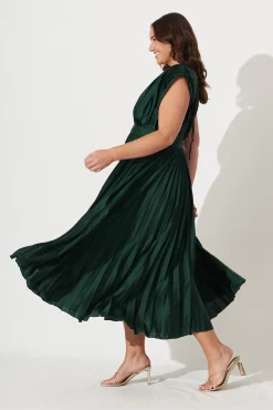 Clearance Anetta Midi Dress In Pleated Emerald Satin Dresses|Formal