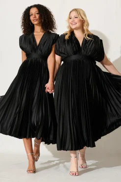 Discount Anetta Midi Dress In Pleated Black Satin Dresses|Formal