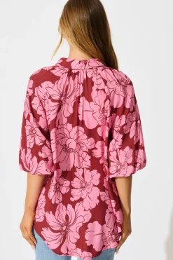 Hot Anita Shirt In Wine with Pink Floral Tops