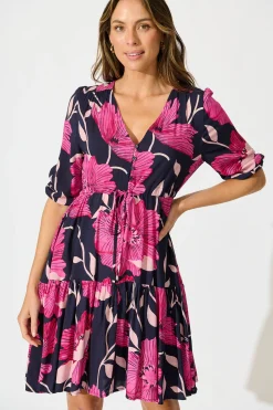 Clearance Apollo Dress in Navy with Pink Floral Dresses|Casual