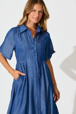 Fashion Aria Midi Shirt Dress in Blue Chambray Dresses|Casual