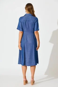 Fashion Aria Midi Shirt Dress in Blue Chambray Dresses|Casual