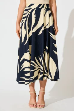 Fashion Aria Midi Skirt in Navy and Cream Leaf Print Bottoms|Skirts & Shorts