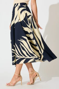 Fashion Aria Midi Skirt in Navy and Cream Leaf Print Bottoms|Skirts & Shorts