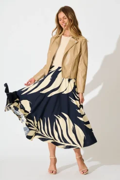 Fashion Aria Midi Skirt in Navy and Cream Leaf Print Bottoms|Skirts & Shorts