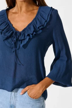 New Ariella Top in Navy Cotton Blend Tops