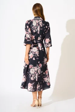 Best Art Of Bloom Midi Shirt Dress in Black with Blush Floral Linen Blend Dresses|Party