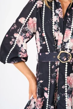 Best Art Of Bloom Midi Shirt Dress in Black with Blush Floral Linen Blend Dresses|Party