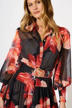 New Aubrey Midi Dress in Black and Red Flower Chiffon Dresses|Party