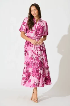 Clearance Audrey Maxi Shirt Dress in Pink Floral Dresses|Casual