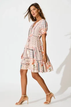 Best Aura Dress in Beige Multi Patchwork Print Dresses|Casual