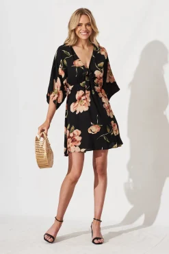 New Ava Dress In Black With Blush Floral Dresses|Casual