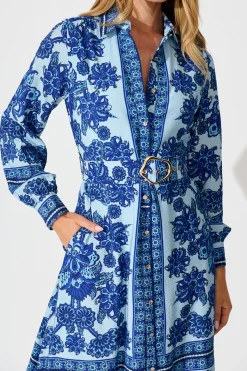Outlet Avianna Midi Shirt Dress in Blue with Navy Border Print Dresses|Party