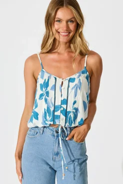 Sale Azala Cami Top In White with Blue Floral Tops|Casual
