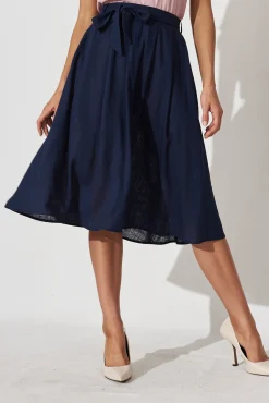 New Bailey Midi Skirt In Navy Linen Bottoms|Skirts & Shorts