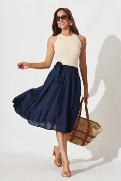 New Bailey Midi Skirt In Navy Linen Bottoms|Skirts & Shorts