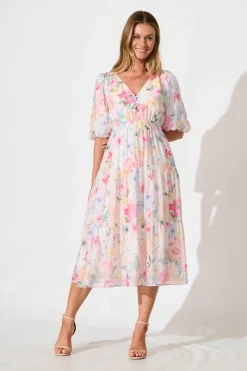 Clearance Baltimore Midi Dress in Pastel Watercolour Floral Dresses|Casual