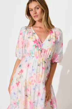 Clearance Baltimore Midi Dress in Pastel Watercolour Floral Dresses|Casual