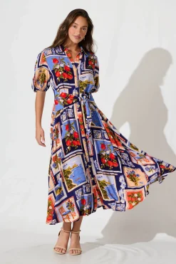 New Bella Maxi Shirt Dress In Blue Multi Postcard Print Dresses|Casual