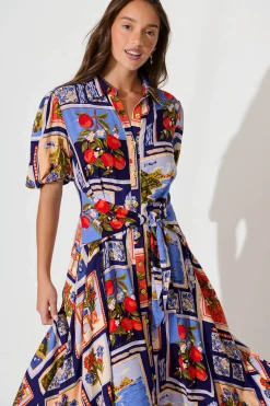 New Bella Maxi Shirt Dress In Blue Multi Postcard Print Dresses|Casual