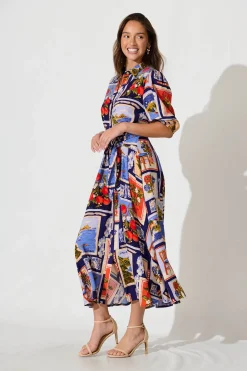 New Bella Maxi Shirt Dress In Blue Multi Postcard Print Dresses|Casual
