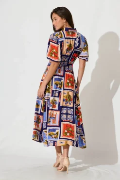 New Bella Maxi Shirt Dress In Blue Multi Postcard Print Dresses|Casual