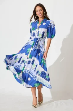 Clearance Bella Maxi Shirt Dress in Blue with White Print Dresses|Casual