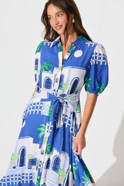 Clearance Bella Maxi Shirt Dress in Blue with White Print Dresses|Casual