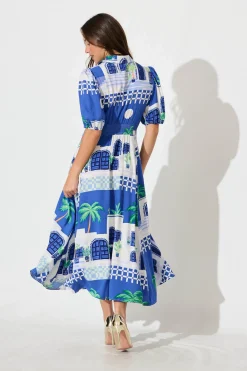 Clearance Bella Maxi Shirt Dress in Blue with White Print Dresses|Casual
