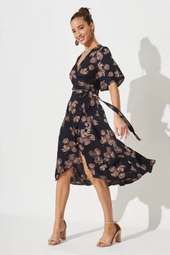 Outlet Bellerose Midi Wrap Dress In Charcoal With Apricot Floral Dresses|Casual