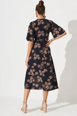 Outlet Bellerose Midi Wrap Dress In Charcoal With Apricot Floral Dresses|Casual
