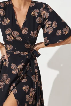 Outlet Bellerose Midi Wrap Dress In Charcoal With Apricot Floral Dresses|Casual