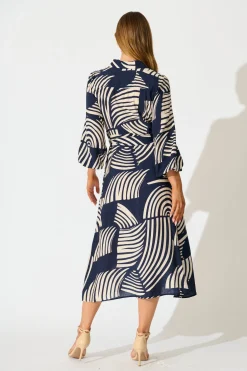 Outlet Berlina Midi Shirt Dress in Navy with Cream Linen Blend Dresses|Casual