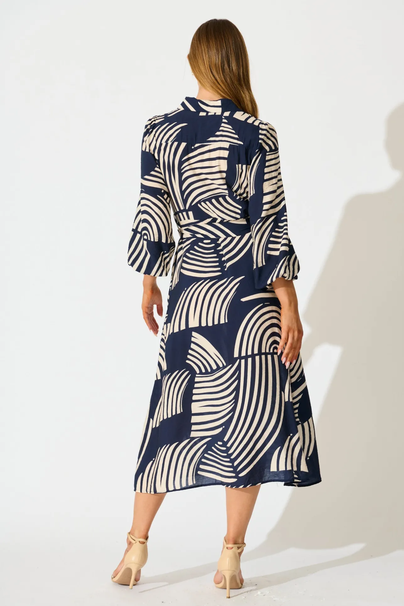Outlet Berlina Midi Shirt Dress in Navy with Cream Linen Blend Dresses|Casual