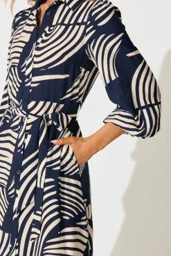 Outlet Berlina Midi Shirt Dress in Navy with Cream Linen Blend Dresses|Casual