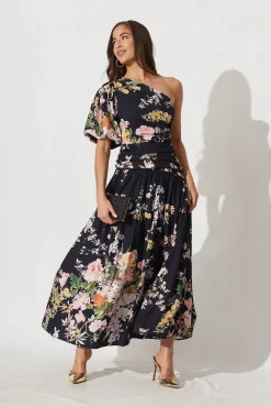 Discount Berlyn One Shoulder Maxi Dress Black With Pink Floral Dresses|Party