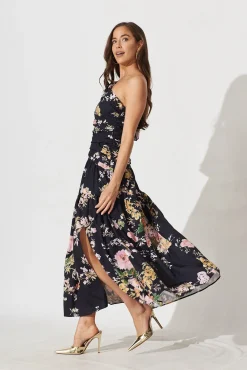 Discount Berlyn One Shoulder Maxi Dress Black With Pink Floral Dresses|Party