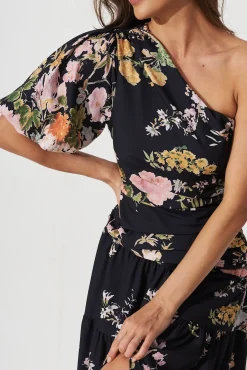 Discount Berlyn One Shoulder Maxi Dress Black With Pink Floral Dresses|Party