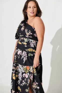 Discount Berlyn One Shoulder Maxi Dress Black With Pink Floral Dresses|Party